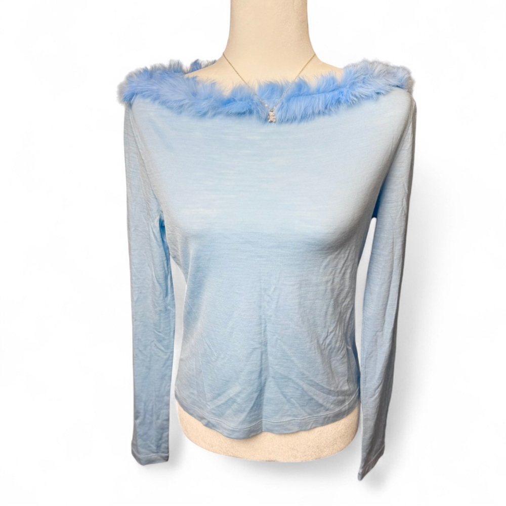 Moschino Pastel Blue Fur Trim Top Long Sleeve Size‎ 10 USA Made in Italy - Picture 2 of 10